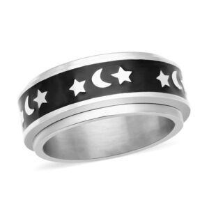 Constituted Shungite Inlaid Moon and Star Spinner Ring Stainless Steel Sz 7.75